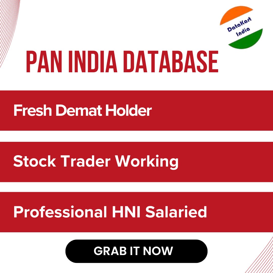 Datakartindia_'s tweet image. Fresh Demat Holders | Stock Traders | HNIs | Working Professionals | Salaried Class — PAN India Verified Database at Your Fingertips.
Contact us: 858590112
#PANIndiaDatabase #DematHolders #HNIDatabase #FreshLeadsIndia #B2BSalesIndia #TargetedMarketing #Datakartindia