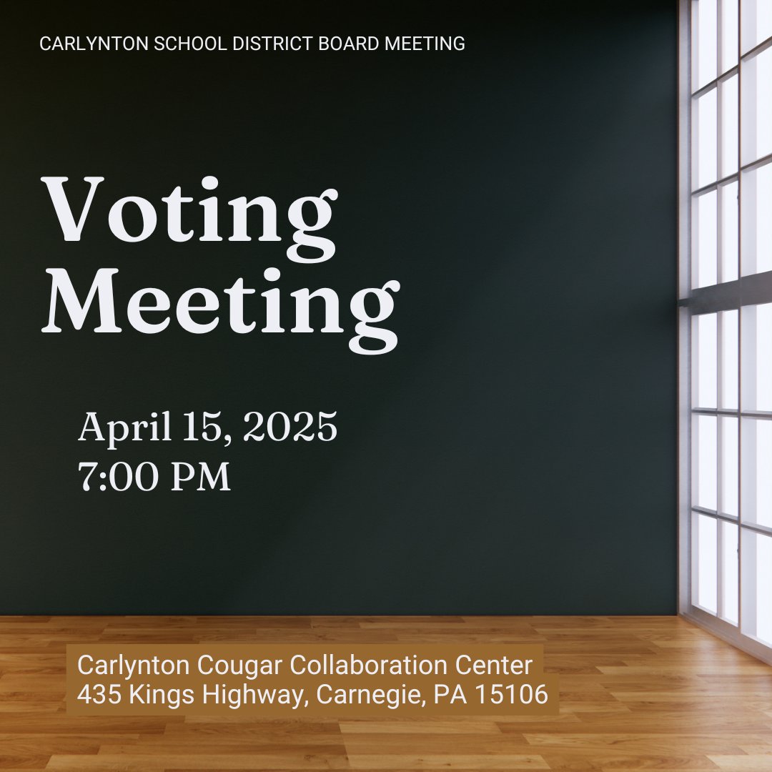 The Carlynton School District Committee Meeting will take place this evening at the Carlynton Junior-Senior High School Cougar Collaboration Center, starting at 7:00 PM.  Please enter through the gym doors.
Tonight's agenda is available on BoardDocs.