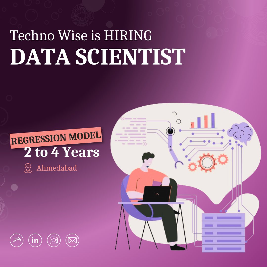 TechnoWise_ind's tweet image. We're hiring for Data Scienctist
→ 2 to 4 Years
→ Expertise in Python / R
→ Regression & Classification Models
→ Time Series Analysis
📍Ahmedabad
#DataScientist #RegressionModel #Python #R
#TimeSeries #NLP #RandomForest #Ahmedabad #Jobs
Follow: #TechnoWise_India