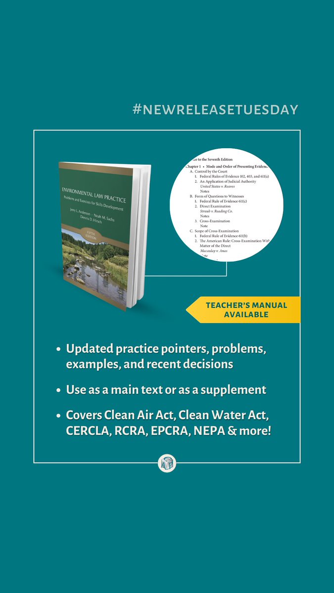 Carolina Academic Press 📖 Book Publisher (@capbooks) on Twitter photo 🌈 “Environmental Law Practice: Problems and Exercises for Skills Development” by Jerry L. Anderson (<a href="/DrakeLawSchool/">Drake Law School</a>), Noah M. Sachs (<a href="/URLawSchool/">Richmond Law</a>), and Dennis D. Hirsch (<a href="/OhioStateLaw/">The Ohio State University Moritz College of Law</a>)
cap-press.com/books/isbn/978… 🌈 “Environmental Law Practice: Problems and Exercises for Skills Development” by Jerry L. Anderson (<a href="/DrakeLawSchool/">Drake Law School</a>), Noah M. Sachs (<a href="/URLawSchool/">Richmond Law</a>), and Dennis D. Hirsch (<a href="/OhioStateLaw/">The Ohio State University Moritz College of Law</a>)
cap-press.com/books/isbn/978…