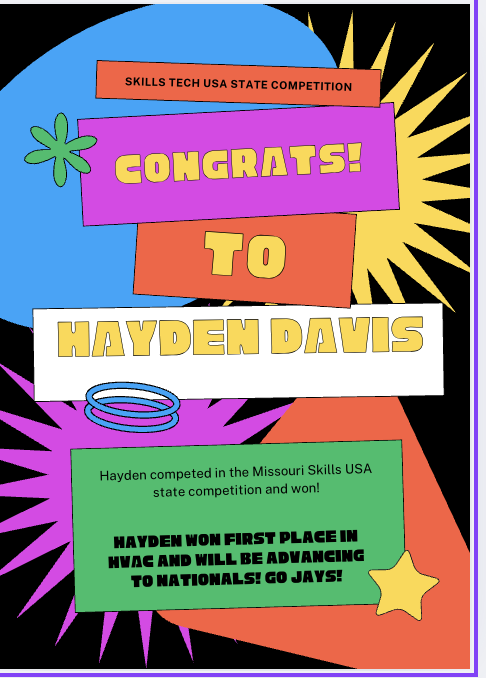 Congrats to Hayden Davis for placing first at the  Missouri Skills USA in HVAC. He is now going to nationals! Go Jays! <a href="/LHSJAYS/">Liberty High School</a>