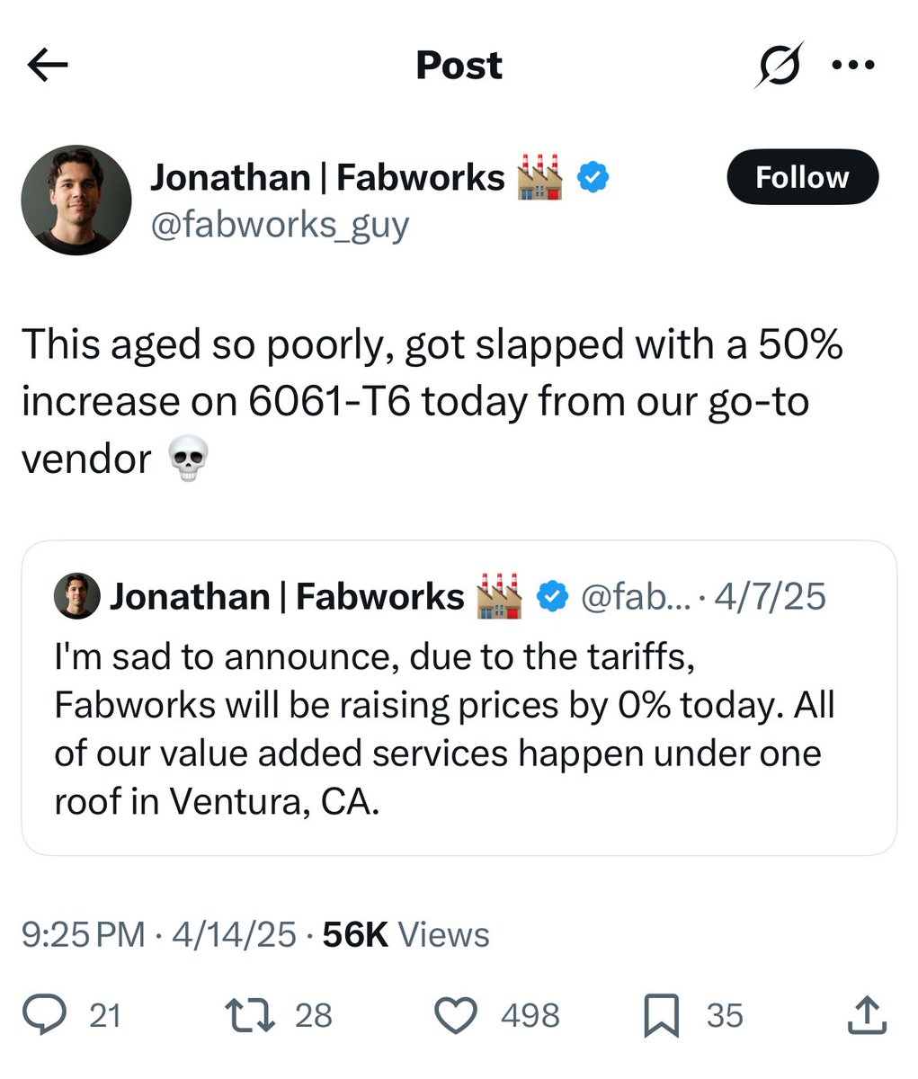 AlecStapp's tweet photo. The current tariff policy is undoubtedly going to reduce manufacturing capacity in the US.

Even domestic producers who thought they were insulated from tariffs are finding out just how integrated global supply chains are today. https://t.co/FdSXFcwXB8