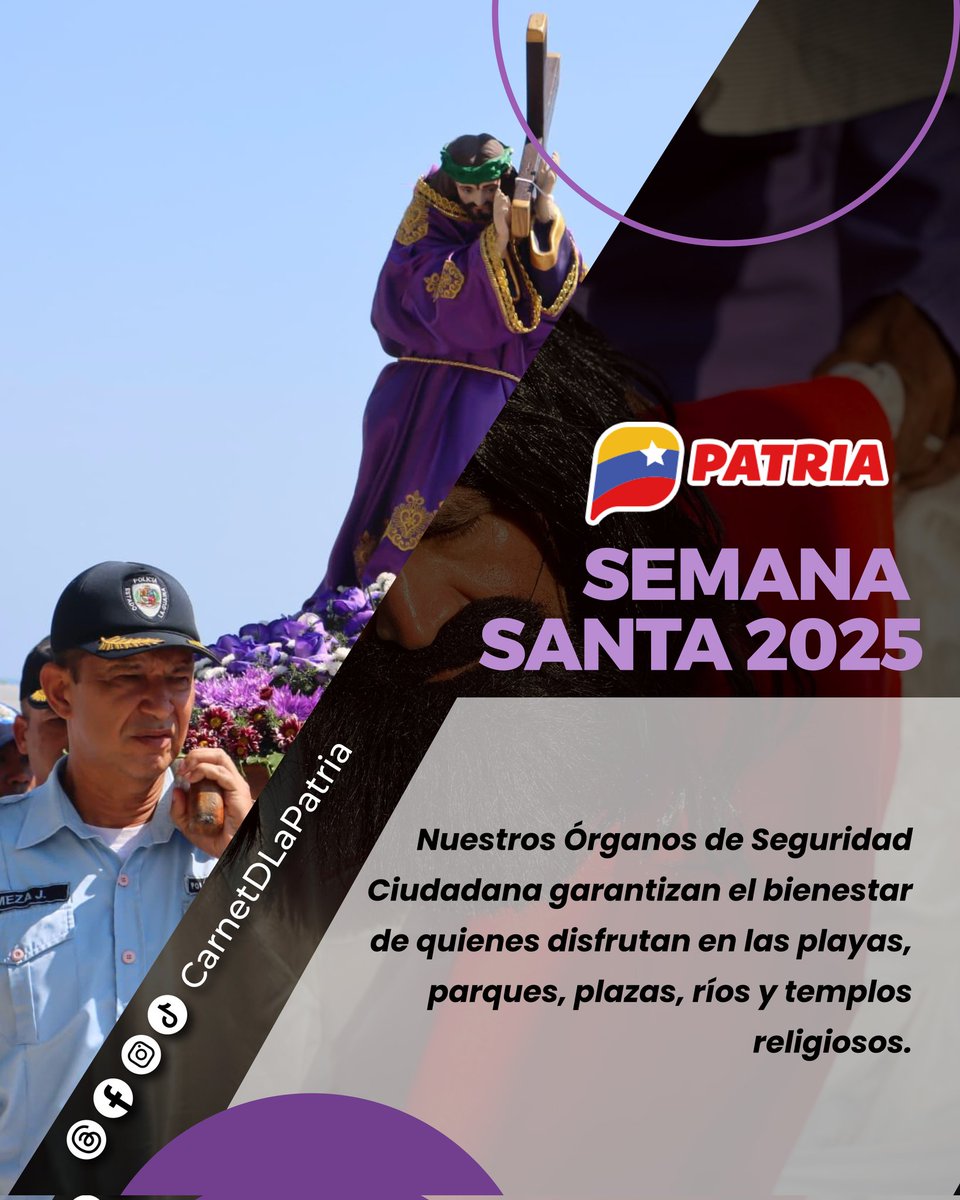 Carnet de la patria (@carnetdlapatria) on Twitter photo Nuestro Pdte <a href="/NicolasMaduro/">Nicolás Maduro</a> anunció la creación del Comando de Campaña Nacional para garantizar una Semana Santa Segura 2025, de felicidad, tranquilidad y disfrute para nuestro pueblo".
Los organismos de seguridad están desplegados en todo el territorio nacional. Nuestro Pdte <a href="/NicolasMaduro/">Nicolás Maduro</a> anunció la creación del Comando de Campaña Nacional para garantizar una Semana Santa Segura 2025, de felicidad, tranquilidad y disfrute para nuestro pueblo".
Los organismos de seguridad están desplegados en todo el territorio nacional.