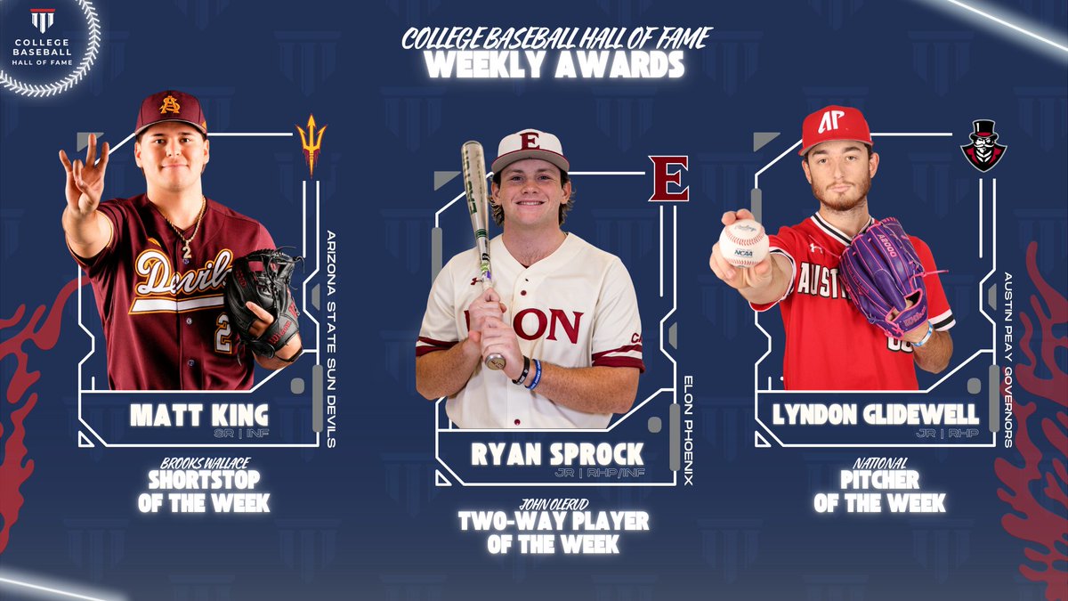 CollegeBaseballHoF (@collegediamonds) on Twitter photo Another week...another set of great #ncaabaseball performances 🔥
⚾️ Brooks Wallace Award (SS of the Week): Matt King, <a href="/ASU_Baseball/">Sun Devil Baseball</a>
⚾️ John Olerud Two-Way Player: Ryan Sprock, <a href="/ElonBaseball/">Elon Baseball</a>
⚾️ Pitcher of the Week: Lyndon Glidewell, <a href="/GovsBSB/">Austin Peay Baseball</a>
📰: bit.ly/3RlZM6x Another week...another set of great #ncaabaseball performances 🔥
⚾️ Brooks Wallace Award (SS of the Week): Matt King, <a href="/ASU_Baseball/">Sun Devil Baseball</a>
⚾️ John Olerud Two-Way Player: Ryan Sprock, <a href="/ElonBaseball/">Elon Baseball</a>
⚾️ Pitcher of the Week: Lyndon Glidewell, <a href="/GovsBSB/">Austin Peay Baseball</a>
📰: bit.ly/3RlZM6x