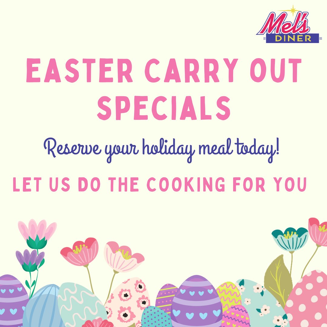 Make Easter effortless with Mel’s Easter Carry Out Specials – just $79! 🐣🥘

Choose from Fresh Roasted Turkey, Loin of Pork, or Virginia Ham, all served with:
🍽️ Homemade stuffing
🥔 Your choice of mashed potatoes &amp; gravy or mashed sweet potatoes
🌽 Green beans and corn