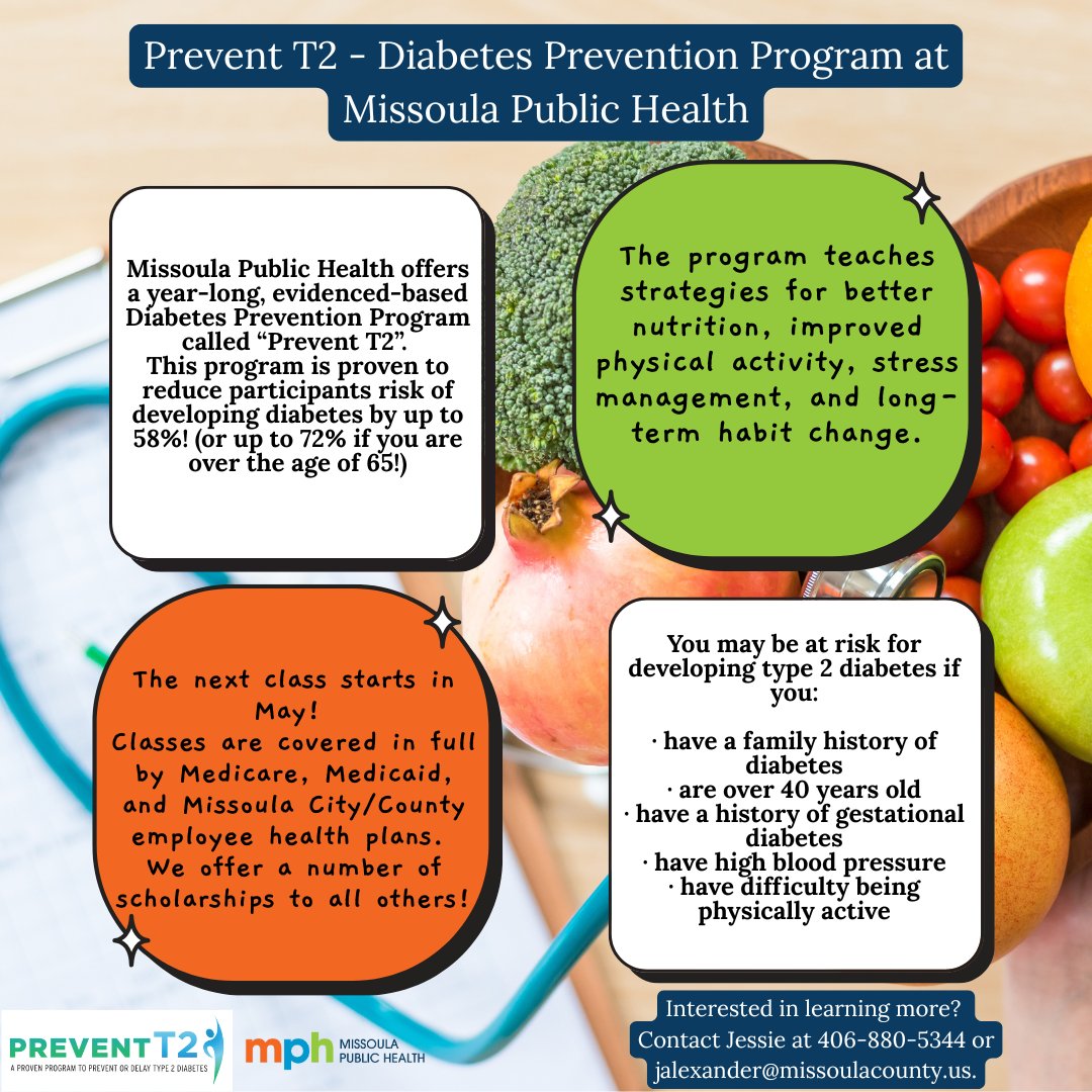 Missoula Public Health offers a year-long, evidence-based Diabetes Prevention Program called Prevent T2. The next class starts in May.

Interested in learning more? Contact Jessie at 406-880-5344 or jalexander@missoulacounty.us.