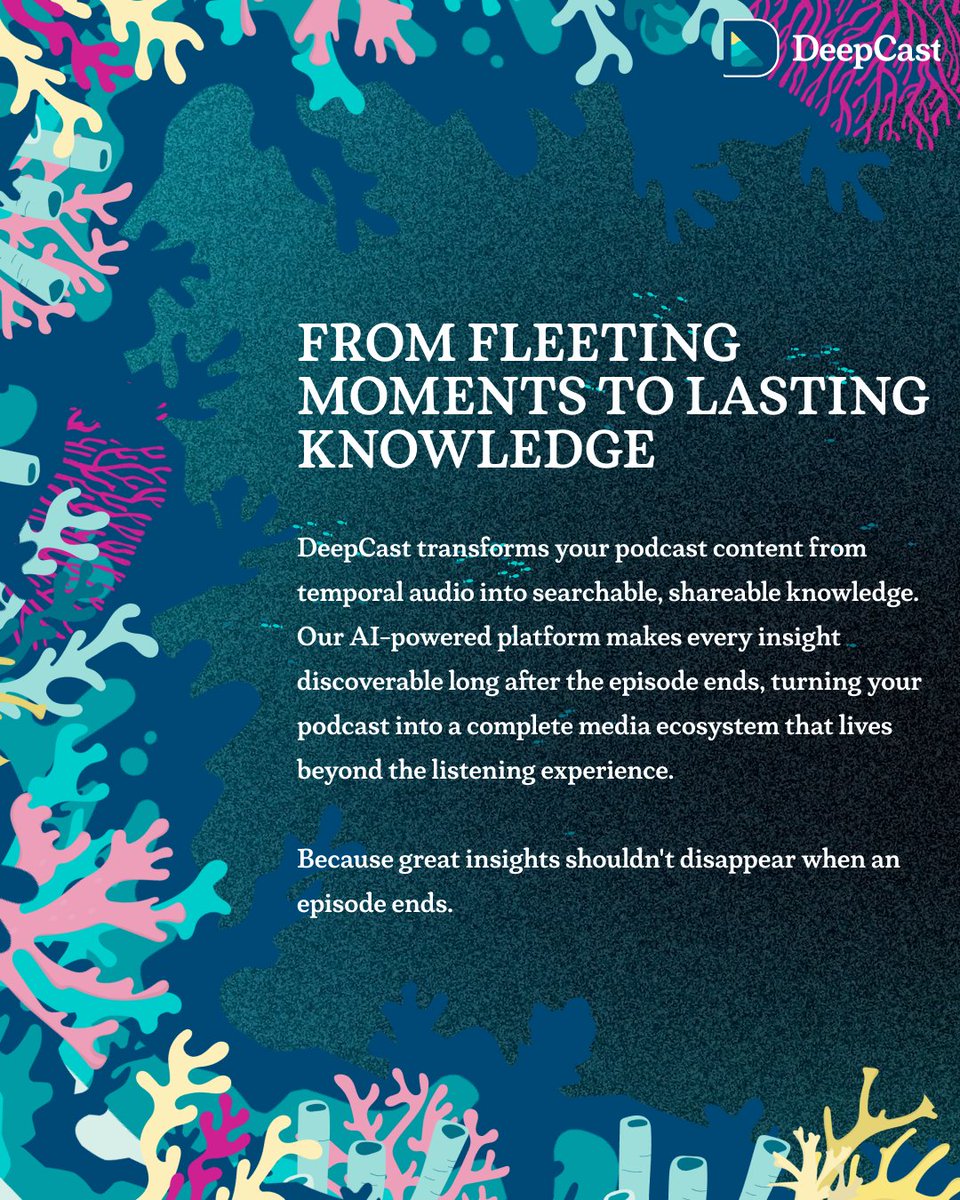DeepCastCreator's tweet image. DeepCast transforms fleeting podcast moments into lasting knowledge. Our platform makes podcast content searchable, shareable, and memorable—because great insights shouldn&apos;t disappear when an episode ends. 

Discover. Engage. Remember. 

l8r.it/OznJ