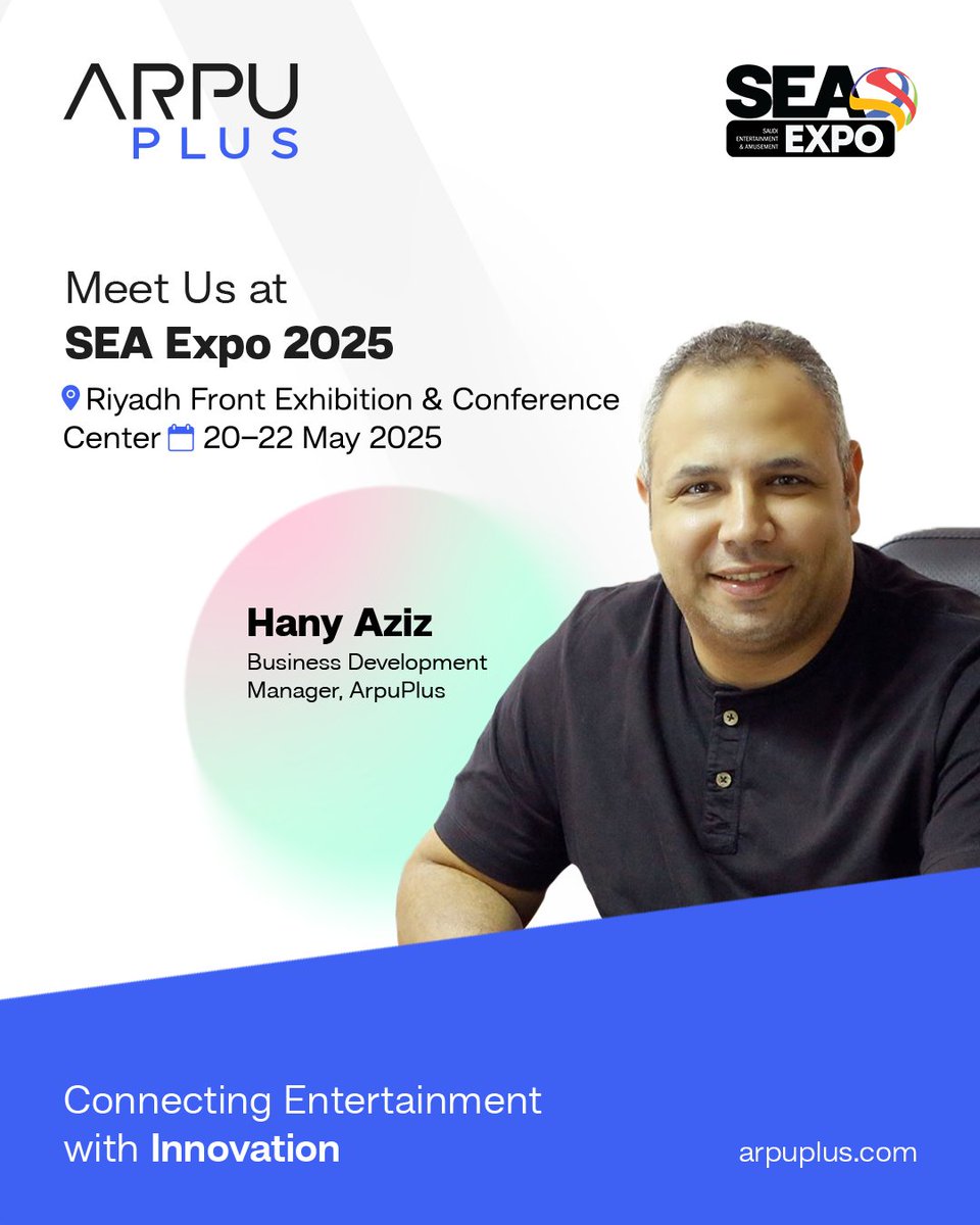 Excited to share that Hany Aziz, Business Development Manager at ArpuPlus, will be attending the Saudi Entertainment &amp; Amusement Expo from 20–22 May at Riyadh Front Exhibition Center.

Let’s connect and explore the future of entertainment in #SaudiArabia
#ArpuPlus #SEAExpo