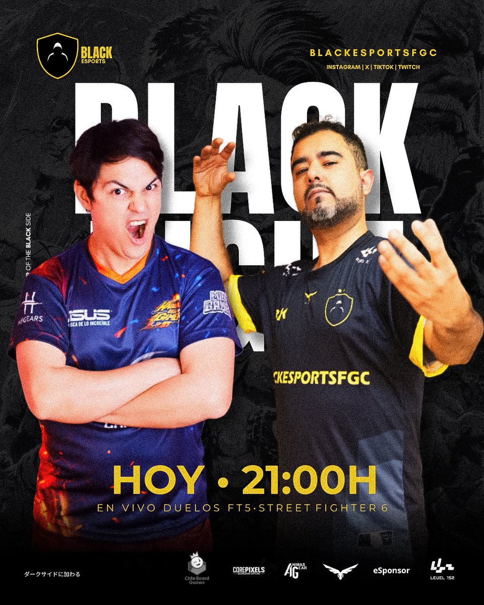 HOY A LAS 21H! BlackNight de #SF6, todo el hype con legendarios enfrentamientos! twitch.tv/blackesportsfgc 🖤

- BLK|Chockoman vs Agus
- BLK|Padgaro vs NK|Calderon Jr.
- BLK|Kongpletos vs DXO|Wichar
- BLK|Tokisami vs NFMS|Kraid
- BLK|Misterio vs HDG|Younghou

Imperdibles!