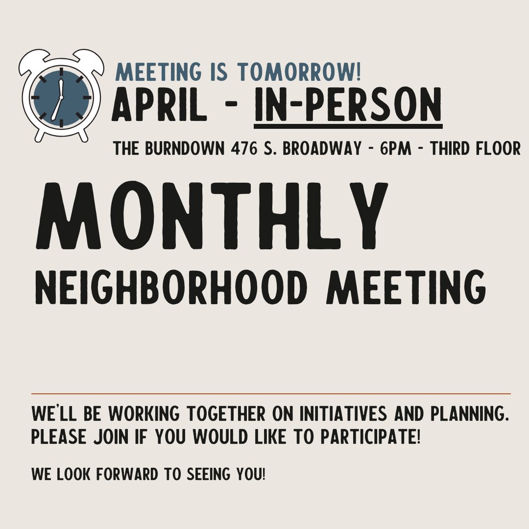 Mark your calendars! Our next meeting is April 16th at 6pm on the 3rd floor of Burndown located at 476 S Broadway.

All are welcome! It’s a great way to stay up to date on what’s happening in our area &amp; our future events.

Join the meeting below: lincolnstcommunity.org/monthly-meetin…