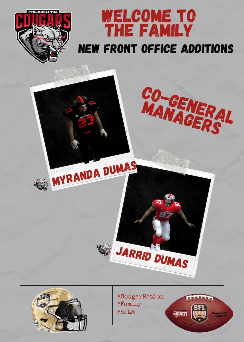 🚨SPECIAL ANNOUNCEMENT🚨

Cougar Nation please join me in welcoming our new General Managers, Jarrod and Myranda Dumas to our front office. We’re confident that their leadership will guide us to new heights. #Family #CougarNation #SFLm