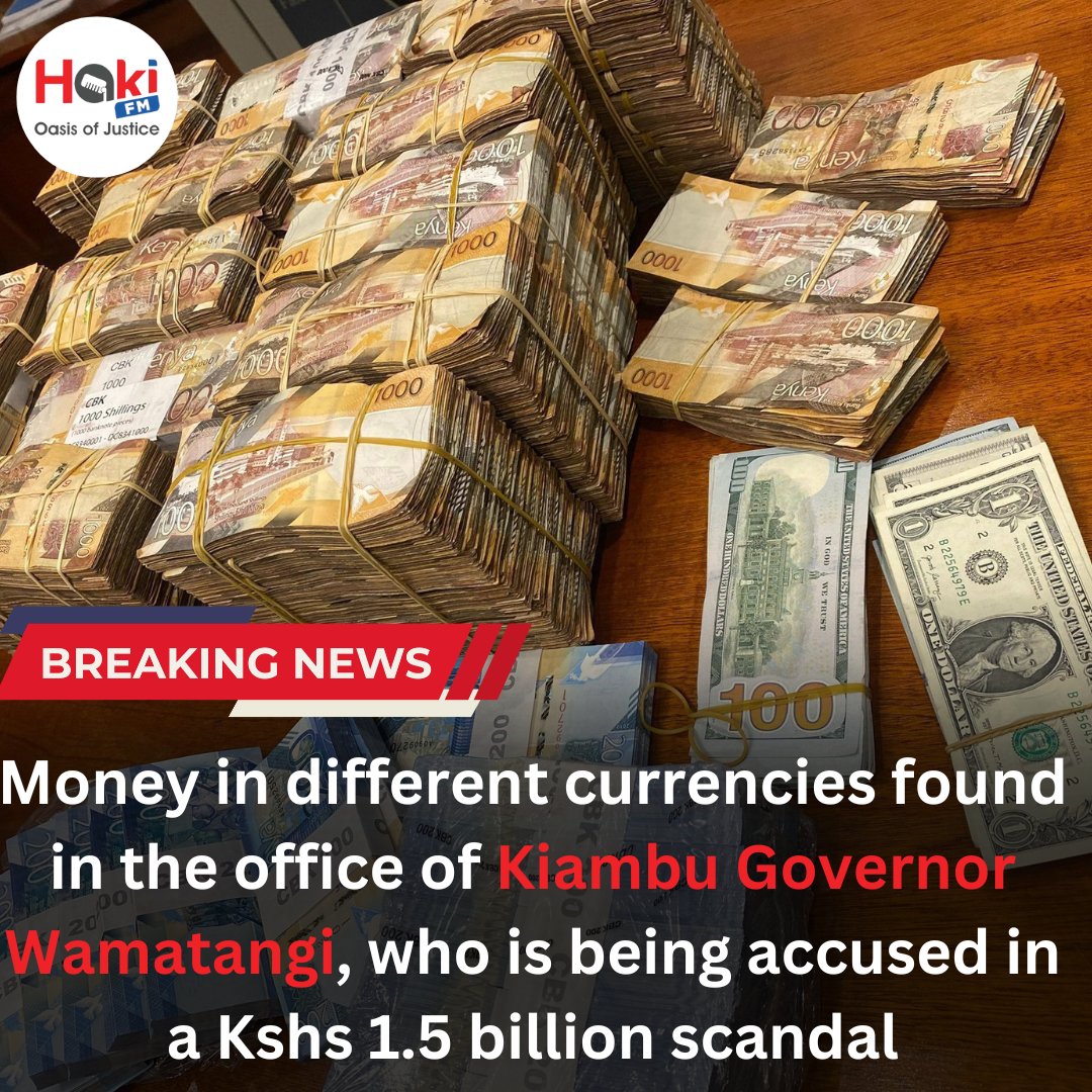 BREAKING NEWS: Money in different currencies found in the office of Kiambu Governor Wamatangi, who is being accused in a Kshs 1.5 billion scandal. #Ndindinyoro #Waititu