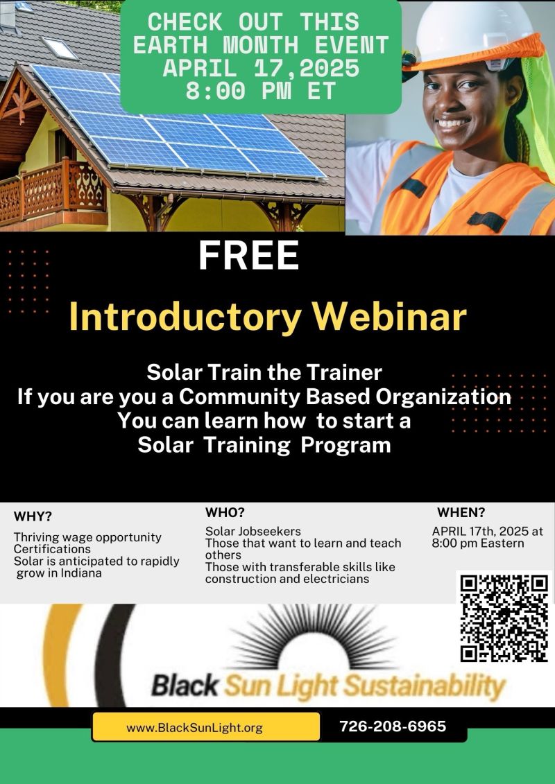 IU Environmental Resilience Institute (@prepared4change) on Twitter photo On Thursday, April 17, join <a href="/BlackSunLight01/">Black Sun Light Sustainability</a> for a webinar for organizations who want to learn how to start a solar training program for Indiana residents.
Benefits:
☀️ Quick certification
☀️ Thriving wages
☀️ Green job opportunities
Register here: us02web.zoom.us/meeting/regist… On Thursday, April 17, join <a href="/BlackSunLight01/">Black Sun Light Sustainability</a> for a webinar for organizations who want to learn how to start a solar training program for Indiana residents.
Benefits:
☀️ Quick certification
☀️ Thriving wages
☀️ Green job opportunities
Register here: us02web.zoom.us/meeting/regist…