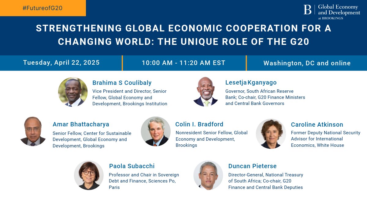 Brookings Global (@brookingsglobal) on Twitter photo On April 22, on the sidelines of the #SpringMeetings, don't miss our event on the future of the G20 amid evolving global challenges. Featuring <a href="/KganyagoLesetja/">Lesetja Kganyago</a>, <a href="/atkinsoncaro/">caroline atkinson</a>, <a href="/PaolaSubacchi/">Paola Subacchi</a>, and more.
Register for #FutureOfG20 here: brookings.edu/events/strengt⦠On April 22, on the sidelines of the #SpringMeetings, don't miss our event on the future of the G20 amid evolving global challenges. Featuring <a href="/KganyagoLesetja/">Lesetja Kganyago</a>, <a href="/atkinsoncaro/">caroline atkinson</a>, <a href="/PaolaSubacchi/">Paola Subacchi</a>, and more.
Register for #FutureOfG20 here: brookings.edu/events/strengtā¦