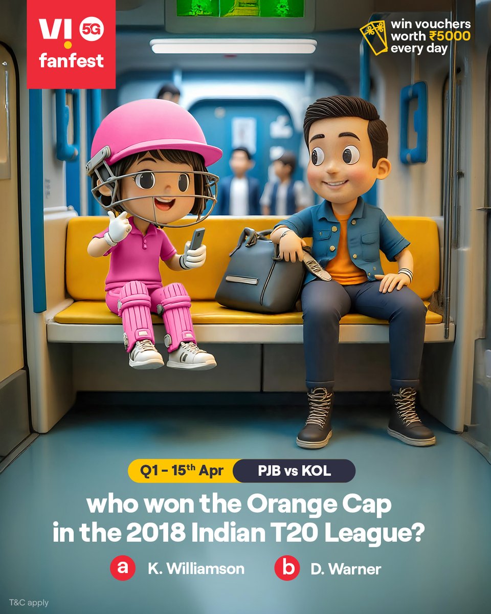 Cricky is testing your cricket IQ 🏏💡
Comment #Vi5Gfanfest with the right answers to all 5 questions today and stand a chance to win vouchers worth ₹5,000 🎟️✨🏆
.
.
#ChallengeAlert #WinPrizes #Quiz #ParticipateAndWin #PJBvsKOL #Punjab #Kolkata
