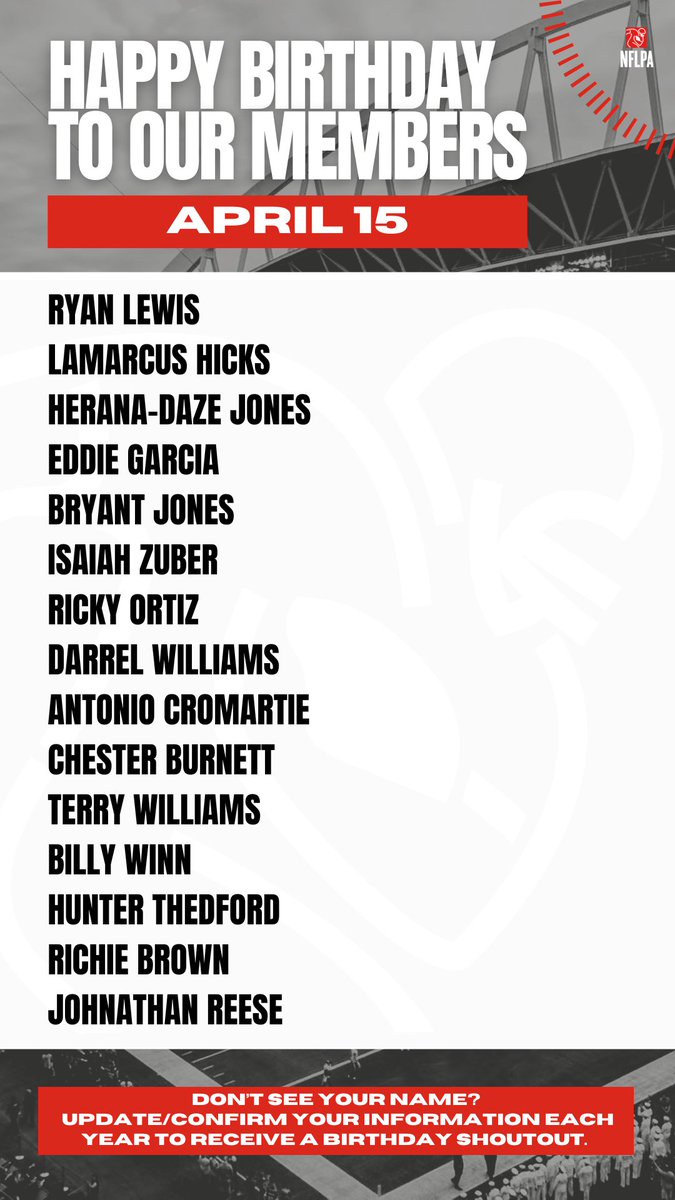 NFLPA Former Players (@nflpafmrplayers) on Twitter photo Happy birthday to our members @ryanlewis_38 <a href="/LaMarcusHicks/">LaMarcus Hicks</a> @Jones_Daze @EddieGarcia @Bryantjones64 <a href="/Zuber_7More/">Zuber</a> <a href="/rickyortizzzz/">Ricky Ortiz</a> <a href="/darrelwilliams_/">darrel williams</a> <a href="/CRO31/">COACH ANTONIO CROMARTIE</a> @chesterburnett @chasindreams54 @Billy_Boi_90 - Enjoy your day of celebration! Happy birthday to our members @ryanlewis_38 <a href="/LaMarcusHicks/">LaMarcus Hicks</a> @Jones_Daze @EddieGarcia @Bryantjones64 <a href="/Zuber_7More/">Zuber</a> <a href="/rickyortizzzz/">Ricky Ortiz</a> <a href="/darrelwilliams_/">darrel williams</a> <a href="/CRO31/">COACH ANTONIO CROMARTIE</a> @chesterburnett @chasindreams54 @Billy_Boi_90 - Enjoy your day of celebration!