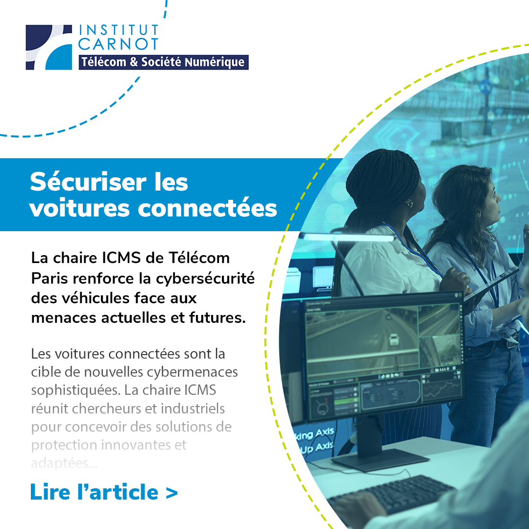 Avec l’essor des véhicules connectés, les cyberattaques se multiplient. La chaire ICMS, portée par Télécom Paris, mobilise experts et industriels pour protéger les voitures de demain. 

Découvrez comment. 🔎 carnot-tsn.fr/chaire-icms-re… 

#cybersécurité