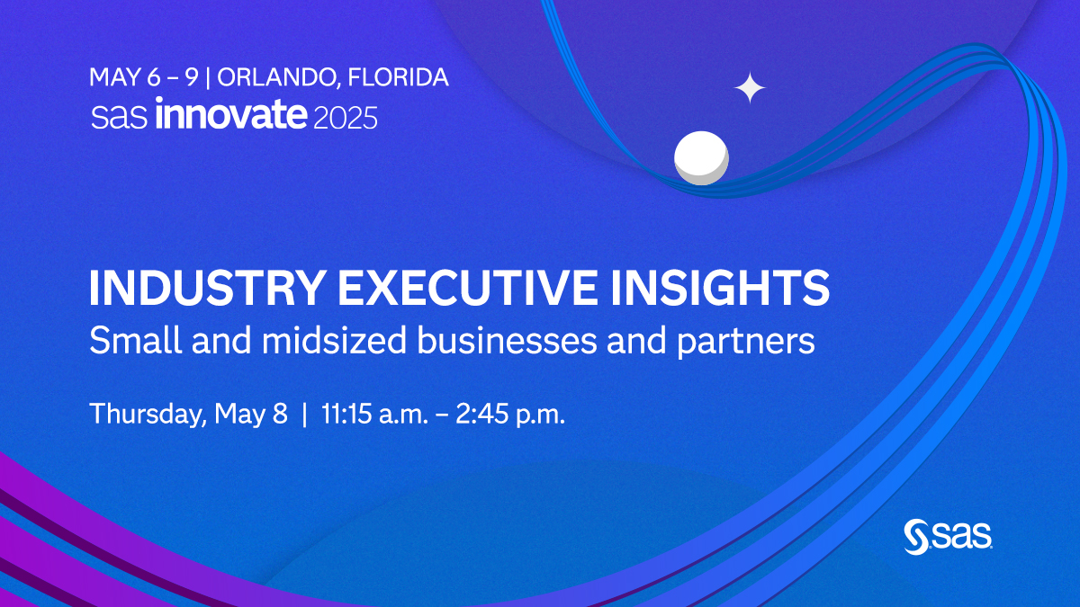 lisa_monk's tweet image. The Industry Executive Insights track at #SASInnovate offers Small &amp;amp; Midsized Businesses and Partners 🤝 a great opportunity to collab on data-driven innovation and insights. 💡2.sas.com/60192D14x