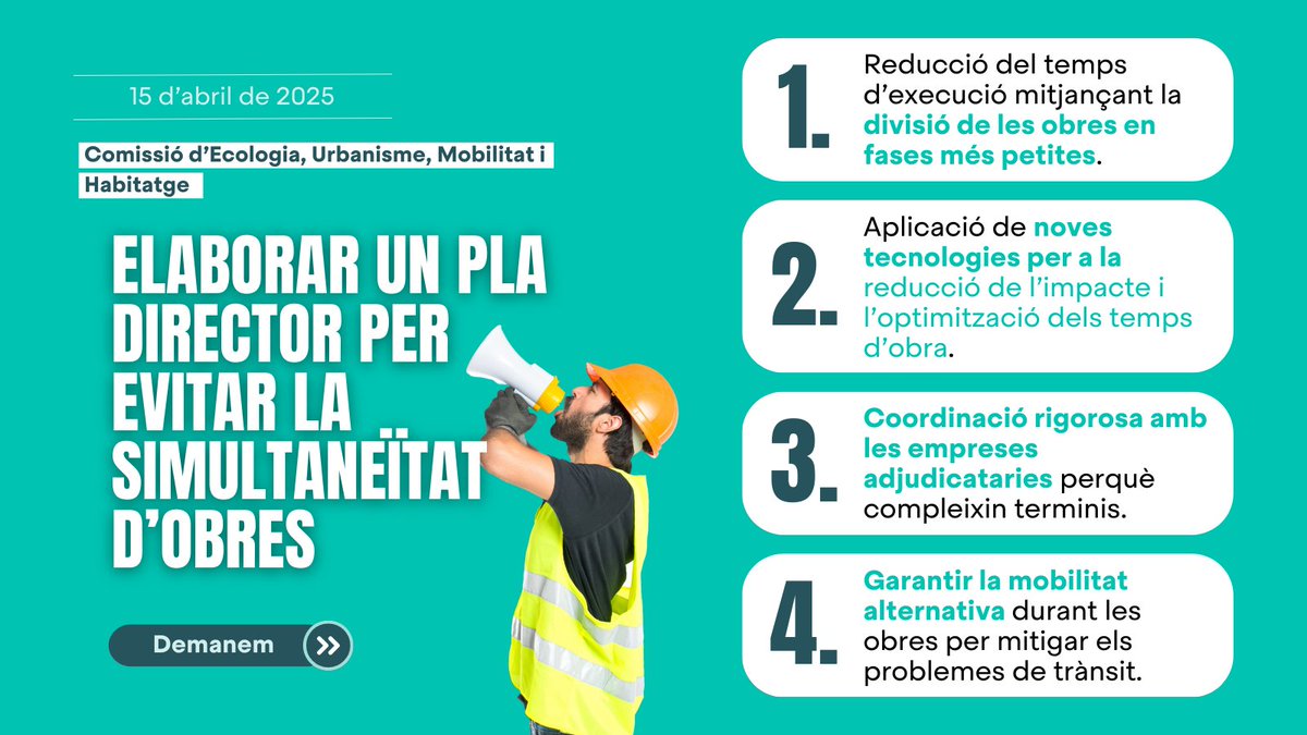 Surts al carrer i només veus obres❓ 

Demanem:
➡️ Elaboració un pla director per evitar la simultaneïtat d’obres.

➡️ Reducció del temps d’execució mitjançant la divisió de les obres en fases més petites.