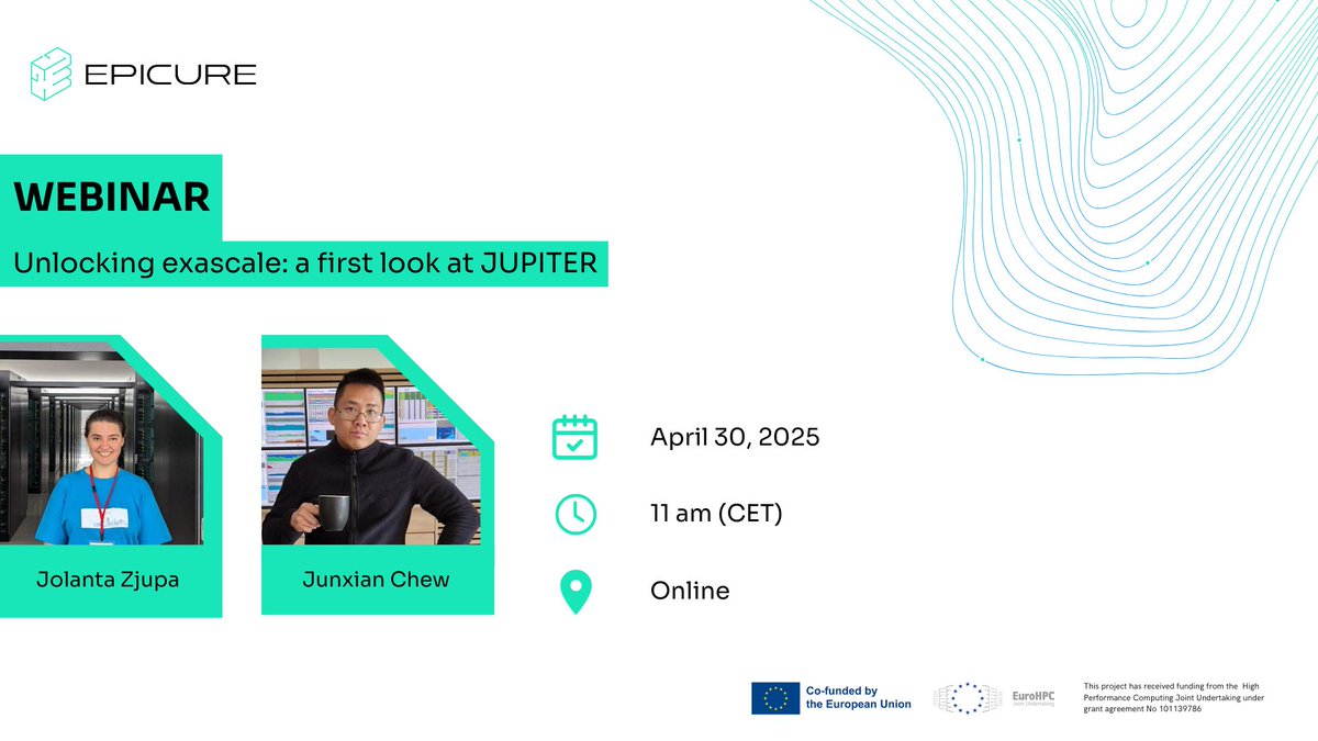 EPICURE Project (@epicurehpc) on Twitter photo ๐ Unlocking Exascale: A First Look at JUPITER Join experts from <a href="/fz_juelich/">Forschungszentrum Jรผlich | @fzj@social.fz-juelich</a> and discover Europeโs first exascale supercomputer.
๐
April 30
๐ 11:00 CET
๐ป Online
๐ Register: epicure-hpc.eu/2025/04/15/unlโฆ
#Exascale #JUPITER #HPC #Webinar #EPICURE ๐ Unlocking Exascale: A First Look at JUPITER Join experts from <a href="/fz_juelich/">Forschungszentrum Jรผlich | @fzj@social.fz-juelich</a> and discover Europeโs first exascale supercomputer.
๐
April 30
๐ 11:00 CET
๐ป Online
๐ Register: epicure-hpc.eu/2025/04/15/unlโฆ
#Exascale #JUPITER #HPC #Webinar #EPICURE