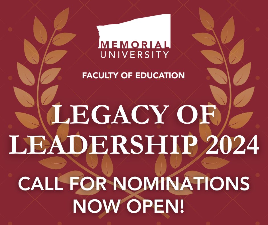 🏆Celebrate an inspiring K-12 or post-secondary educator in Newfoundland and Labrador today.  Legacy of Leadership nominations are open until Sunday, April 20! Submit nominations here: mun.az1.qualtrics.com/jfe/form/SV_8t…