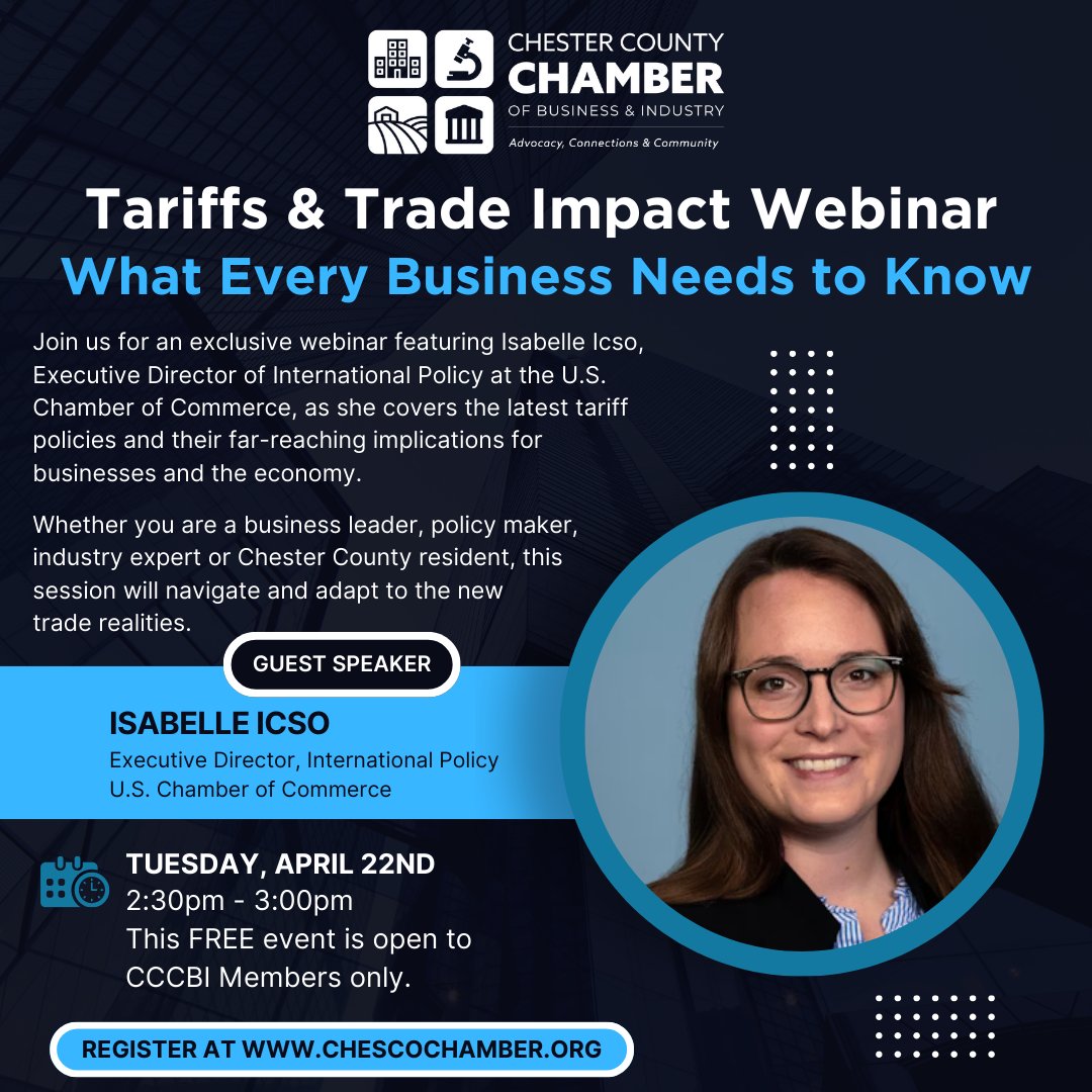 🚨How will your business handle the impending tariff policies? 🚨

Join CCCBI in ONE WEEK for a Member exclusive webinar to cover the latest tariff policies and their far-reaching implications for businesses and the economy.

Click here to register!
business.chescochamber.org/event-calendar…