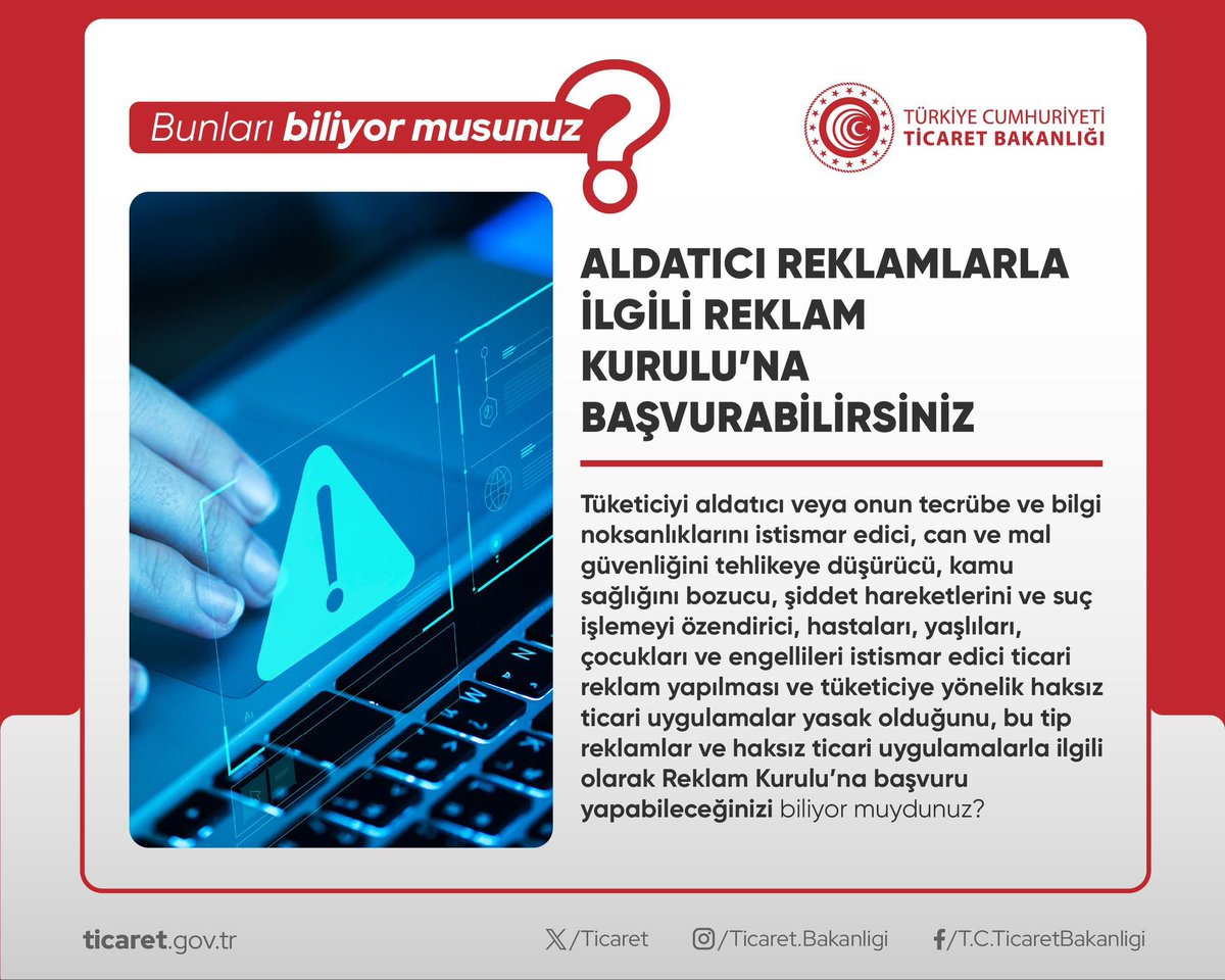 🔴 Bunları biliyor musunuz?

Aldatıcı reklamlarla ilgili Reklam Kurulu’na başvurabilirsiniz. 🛒📄✍🏻