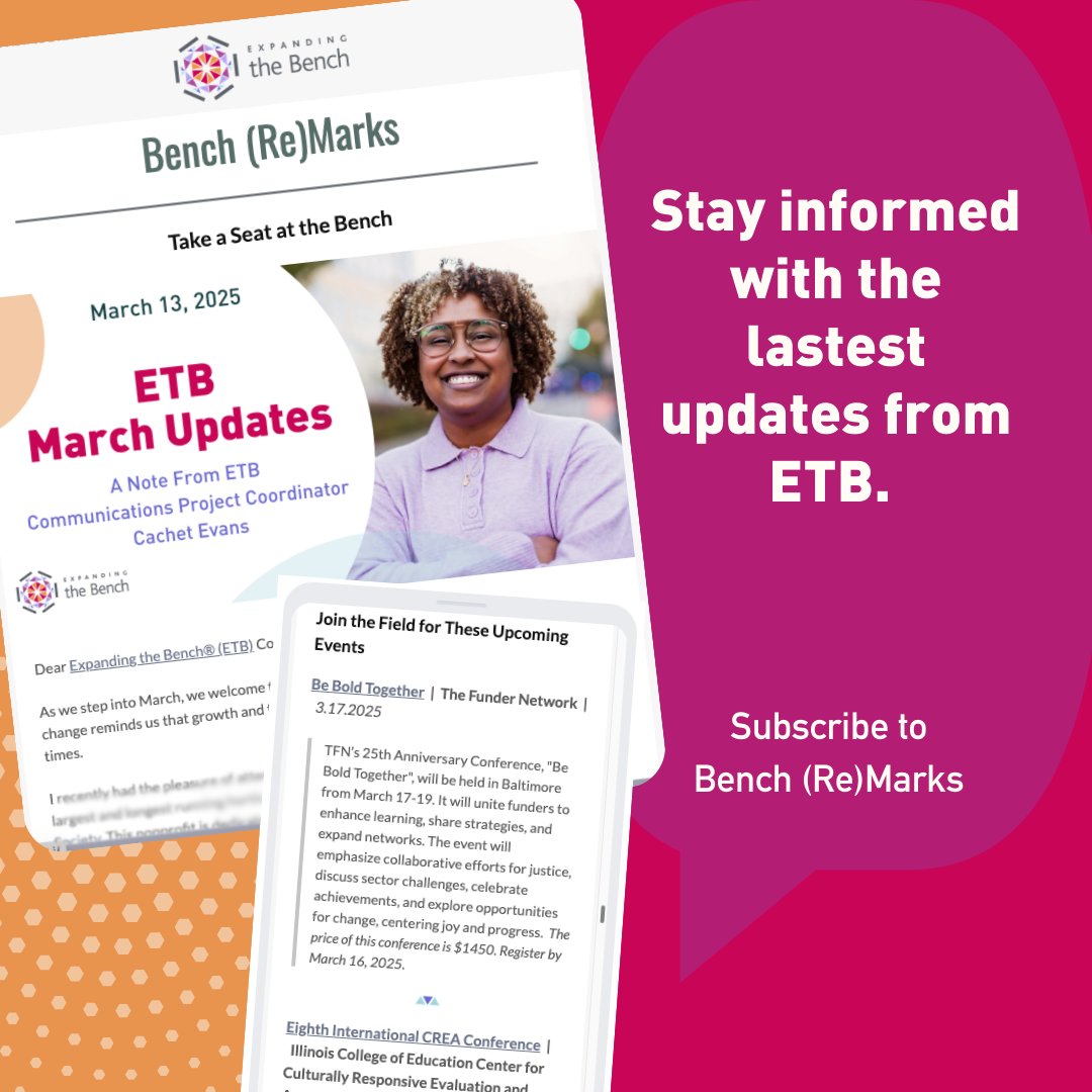 Stay connected with the latest from ETB by subscribing to our monthly newsletter, Bench ReMarks. Get updates on programs, new resources, upcoming events, and stories from our community—delivered right to your inbox.

Subscribe now: loom.ly/TDIriwg.
