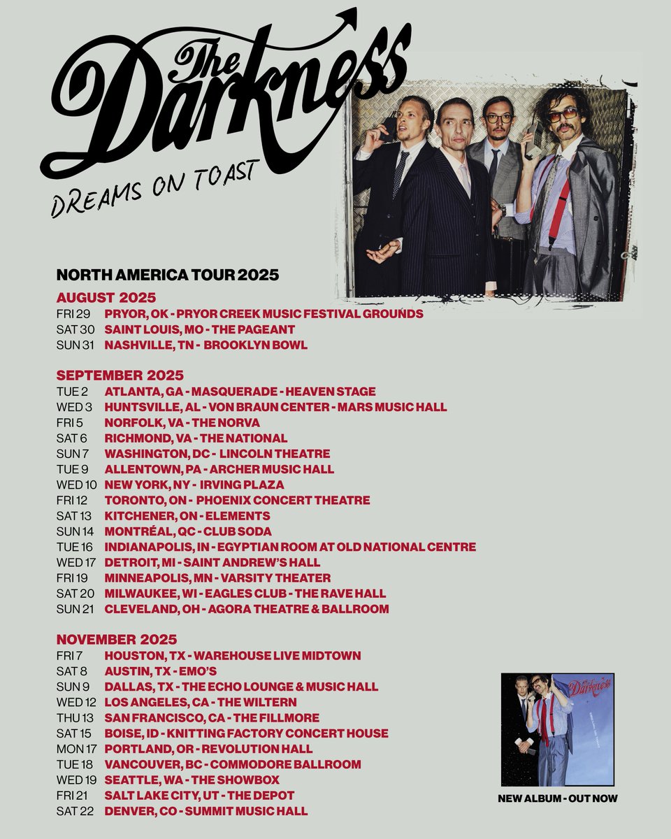 💥NORTH AMERICA, PREPARE YOURSELVES!🎸

The Darkness are bringing our dreams of rock ‘n’ roll rampage back to the USA and Canada later this year, and we’re gonna spread it thick on your toast! 

Tickets go on general sale at 10am local time this Friday (April 18th).