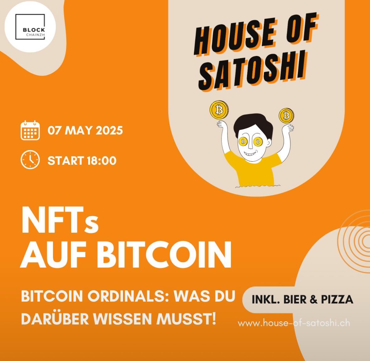 We are proud to host our upcoming workshop on Bitcoin NFTs; Ordinals &amp; Rare Sats, at the iconic House of Satoshi!

🔸It’s in German 🔸May 7, 18:00–20:00 🔸On-site &amp; online

🎟️Tickets:
house-of-satoshi.ch/veranstaltunge…

Not your language? 
English content is on the way too, stay tuned🧡
