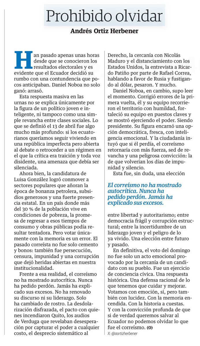 Andrés Ortiz Herbener (@aortizherbener) on Twitter photo Les comparto mi última columna en <a href="/eluniversocom/">El Universo</a>: "En definitiva, el voto del domingo no fue solo un acto emocional provocado por la cercanía de un candidato con su pueblo. Fue un ejercicio de conciencia cívica. Una respuesta histórica. Una defensa racional de lo que tenemos que Les comparto mi última columna en <a href="/eluniversocom/">El Universo</a>: "En definitiva, el voto del domingo no fue solo un acto emocional provocado por la cercanía de un candidato con su pueblo. Fue un ejercicio de conciencia cívica. Una respuesta histórica. Una defensa racional de lo que tenemos que