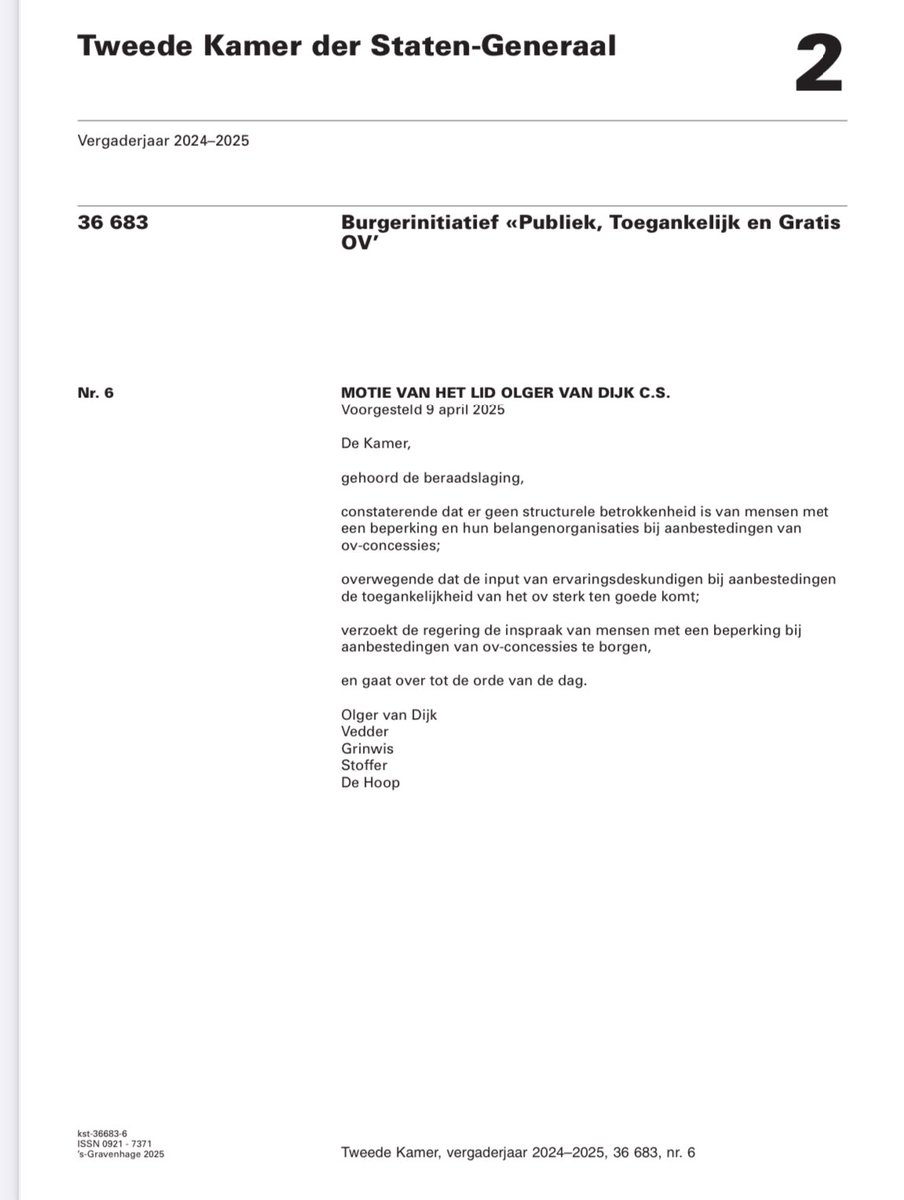 Olger van Dijk (@olgervandijk) on Twitter photo Mijn motie over meer inspraak van mensen met een beperking bij de aanbesteding van OV-concessies is zojuist aangenomen! <a href="/2eKamertweets/">Tweede Kamer</a> <a href="/NwSocContract/">Nieuw Sociaal Contract</a> #iederin Mijn motie over meer inspraak van mensen met een beperking bij de aanbesteding van OV-concessies is zojuist aangenomen! <a href="/2eKamertweets/">Tweede Kamer</a> <a href="/NwSocContract/">Nieuw Sociaal Contract</a> #iederin