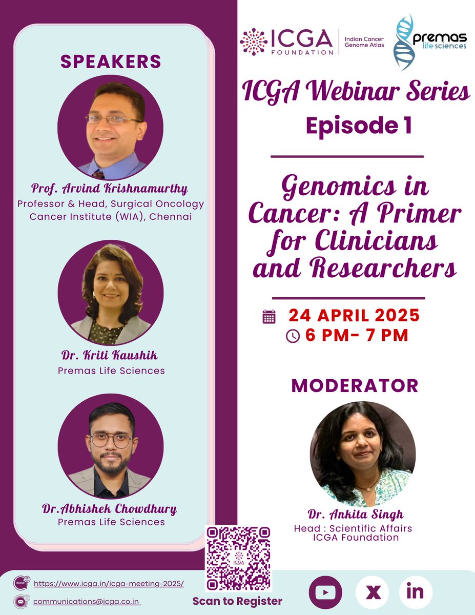ICGA_India's tweet image. ๐ฌ WEBINAR LAUNCH | Indian Cancer Genome Atlas (ICGA)
๐๏ธ Genomics in Cancer: A Primer for Clinicians & Researchers
๐งฌ As genomics revolutionizes cancer care and research, staying informed is no longer optionalโit's essential. To support this knowledge shift, the Indian Cancerโฆ
