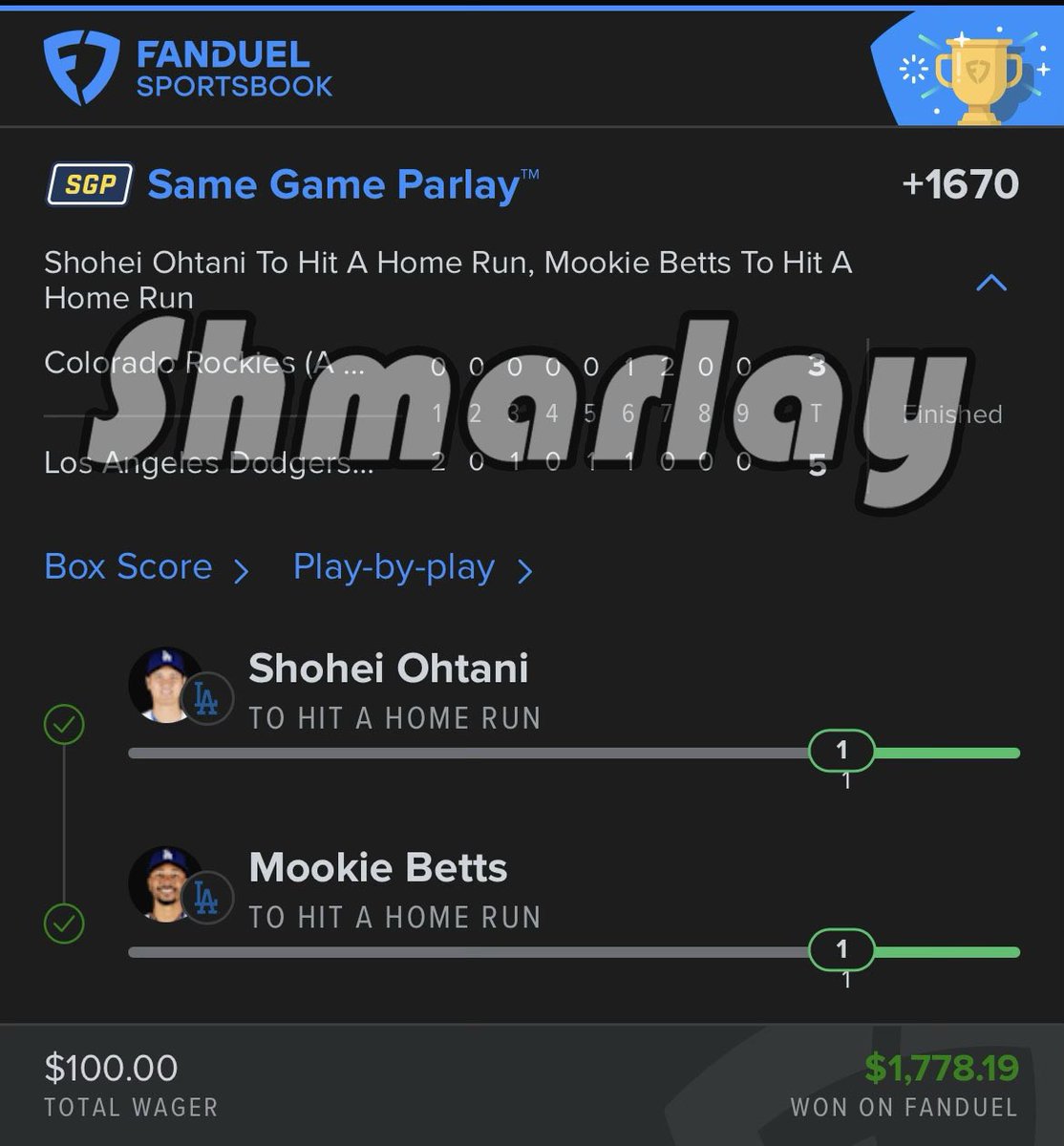 Shmarlay's tweet photo. Woke up to another banger. Shohei and Mookie 🔥🙌 #fanduel #GamblingX #GamblingTwitter #bets #mlb #ShoheiOhtani #mookie #parlay #sportsbet #shmoney #shmarlay https://t.co/b2dXHZwCXf