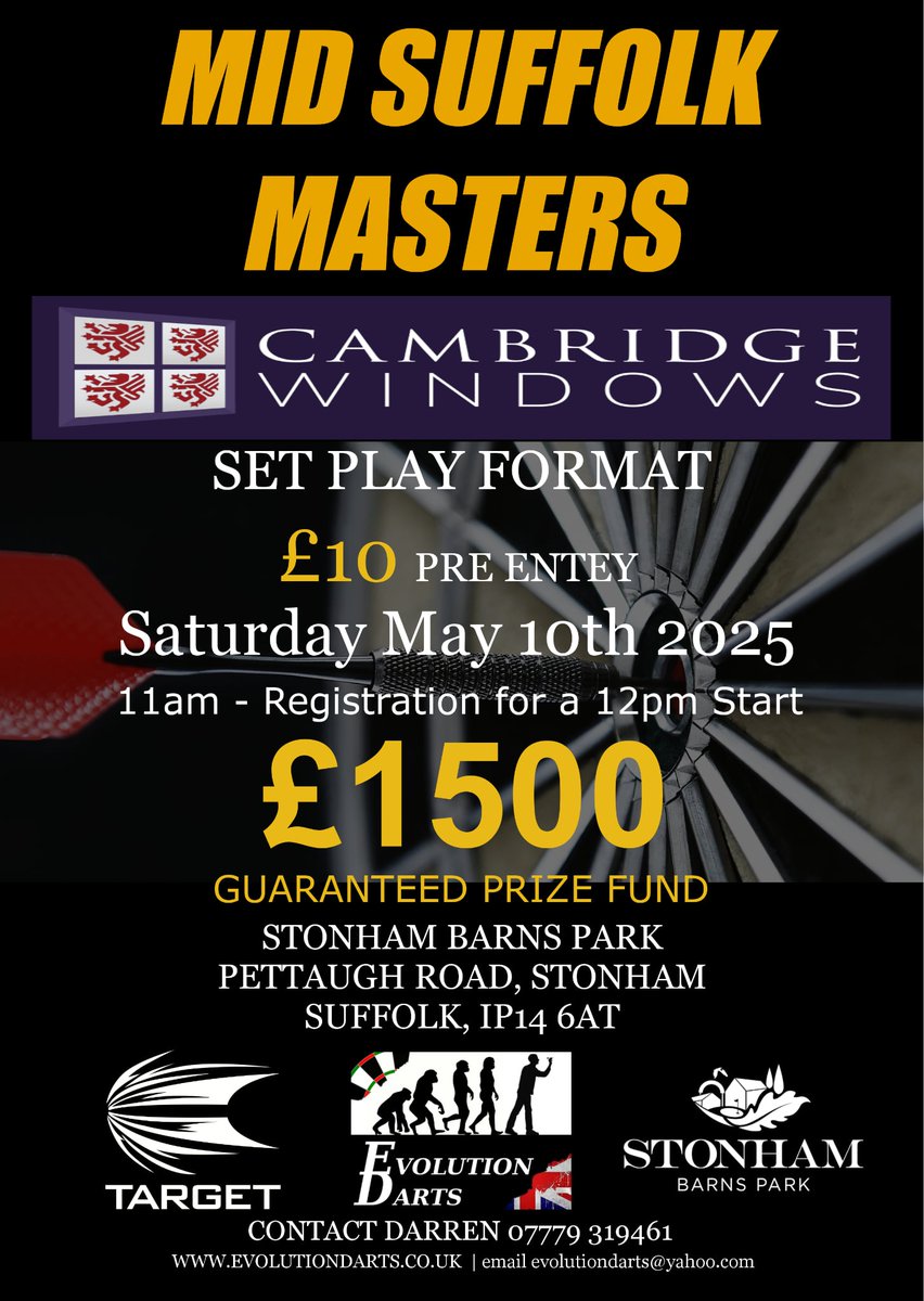Something a bit different for us, a set play format and a guaranteed £1500 prize fund should make this big comp one not to miss <a href="/TargetDarts/">Target Darts</a> <a href="/StonhamBarnsLV/">Stonham Barns Park</a> <a href="/TheDartsReferee/">Jack Langston | The Darts Referee</a> <a href="/LoveDartsUK/">LoveDarts</a> <a href="/MatadorDarts/">Kurt @ MatadorDarts.com</a> <a href="/burton7104/">Stephen Burton</a> <a href="/Garryplummer/">Garry Plummer</a> <a href="/OfficialPDC/">PDC Darts</a> <a href="/YouthSudbury/">Sudbury Youth Elite1 Darts Academy</a> <a href="/SuffolkDarts/">Suffolk Darts</a>