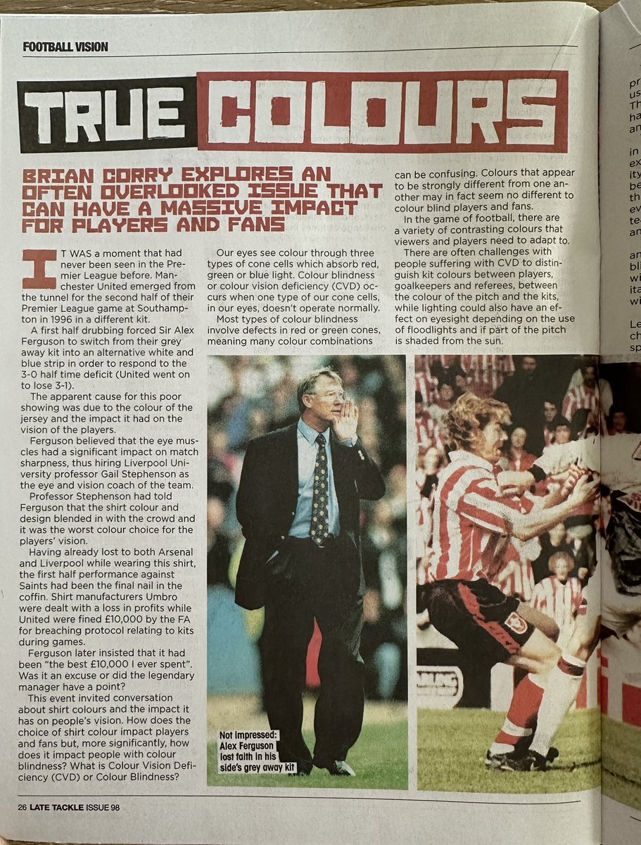 brian_corry_'s tweet image. Delighted to feature once again in the latest edition of @LateTackle Magazine.

✍️| ‘True Colours’

▪️Colour blindness is often overlooked in sport but it has a massive impact on players and fans.

▪️It affects approximately 1 in 12 men and 1 in 200 women. 

[@LateTackle]