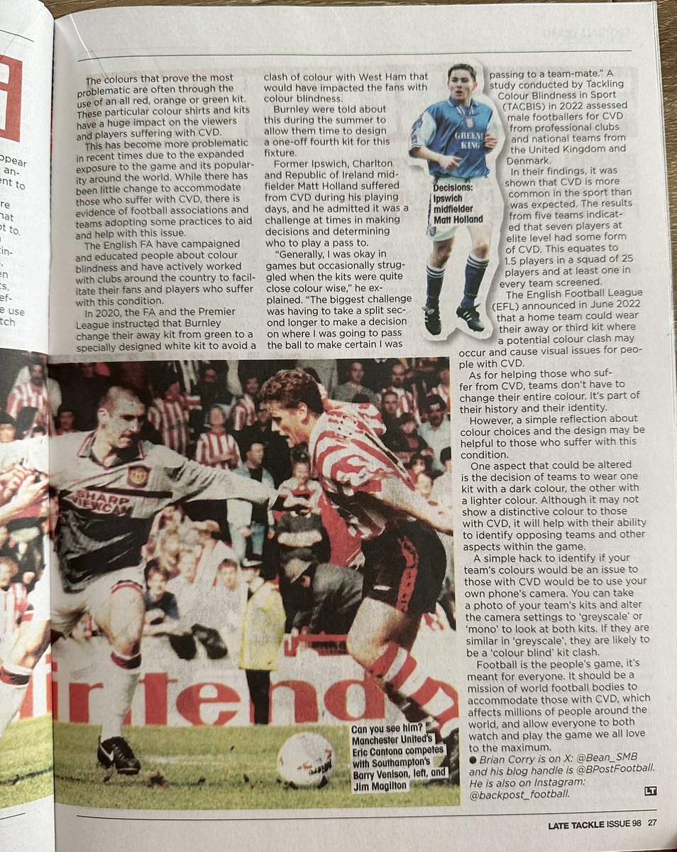 brian_corry_'s tweet image. Delighted to feature once again in the latest edition of @LateTackle Magazine.

✍️| ‘True Colours’

▪️Colour blindness is often overlooked in sport but it has a massive impact on players and fans.

▪️It affects approximately 1 in 12 men and 1 in 200 women. 

[@LateTackle]