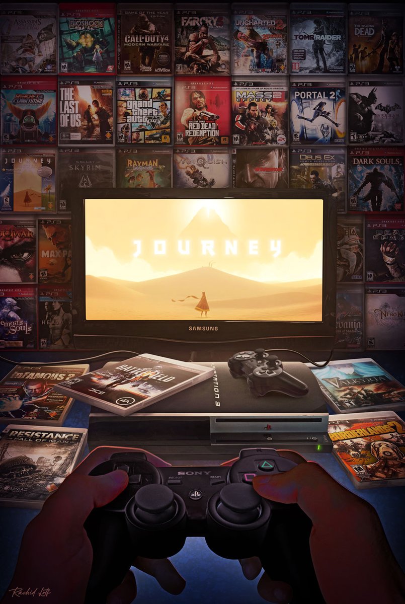 Journey Version.
A tribute to the PlayStation 3 an era of unforgettable games and late-night gaming This artwork is a love letter to that golden era of gaming.
----------
Course, Print, Commission: rachidlotf.com/store

#PS3 #PlayStation3 #RetroGaming #PlayStation