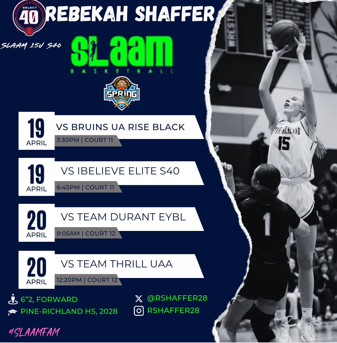 Rebekah Shaffer (@rshaffer28) on Twitter photo Just got the schedule for this weekends tournament games. Make sure to come watch us play! <a href="/SLAAM2028Binion/">SLAAM U15 P24</a> Just got the schedule for this weekends tournament games. Make sure to come watch us play! <a href="/SLAAM2028Binion/">SLAAM U15 P24</a>