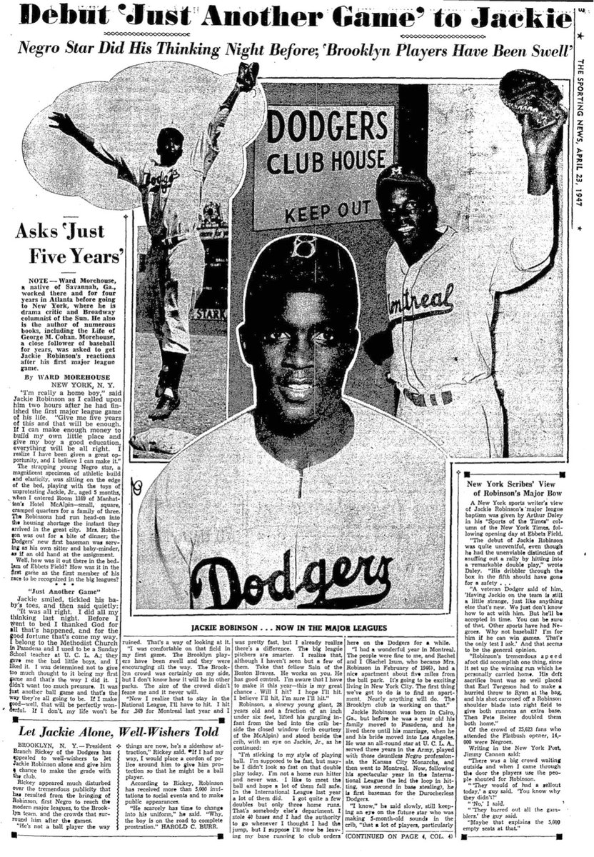 “The Brooklyn players have been swell and they were encouraging all the way. The Brooklyn crowd was certainly on my side, but I don’t know how it will be in other parks.” “I know that this year is the test (but) I’m not going to worry at any time.” S.N. 4/23/47 #JackieRobinsonDay