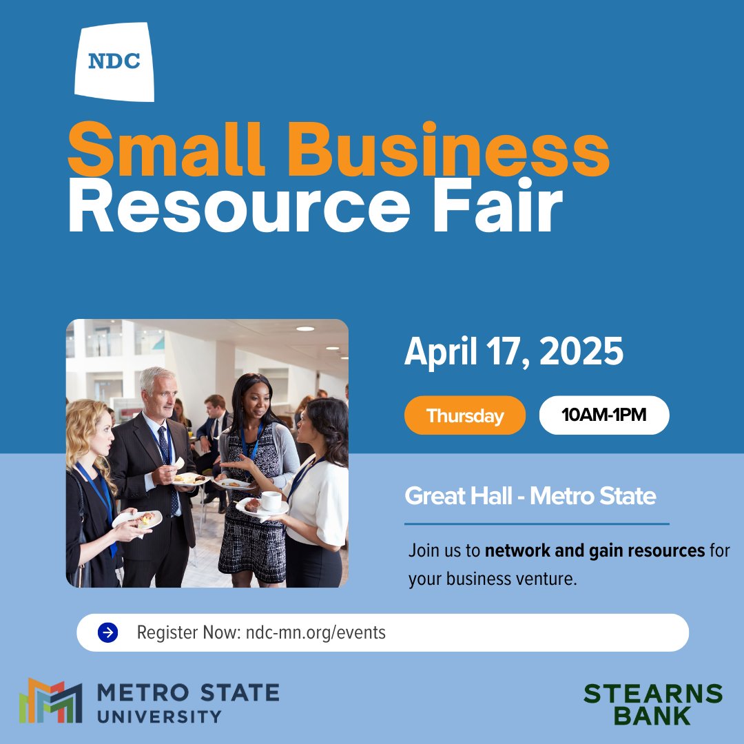 NDC (@ndc_mn) on Twitter photo We are teaming up with <a href="/MetroStateU/">Metro State University</a> and <a href="/StearnsBank/">Stearns Bank</a> to bring you a Small Business Resource Fairāa must-attend event for entrepreneurs looking to level up their business!
Register now! bit.ly/4i2c5Qg We are teaming up with <a href="/MetroStateU/">Metro State University</a> and <a href="/StearnsBank/">Stearns Bank</a> to bring you a Small Business Resource Fairāa must-attend event for entrepreneurs looking to level up their business!
Register now! bit.ly/4i2c5Qg