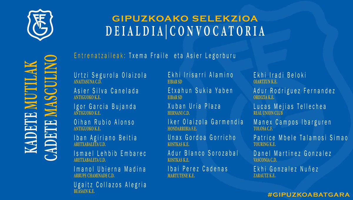 gipuzkoafutbola's tweet image. 🔵⚪️ 𝐊𝐀𝐃𝐄𝐓𝐄 𝐌𝐔𝐓𝐈𝐋𝐄𝐍 𝐆𝐈𝐏𝐔𝐙𝐊𝐎𝐀𝐊𝐎 𝐒𝐄𝐋𝐄𝐊𝐙𝐈𝐎𝐀

Hona hemen Txema Fraile eta Asier Legorburu hautatzaileek deitu dituzten jokalariak.

🔗 lc.cx/I57lS-

#GipuzkoaBatGara
