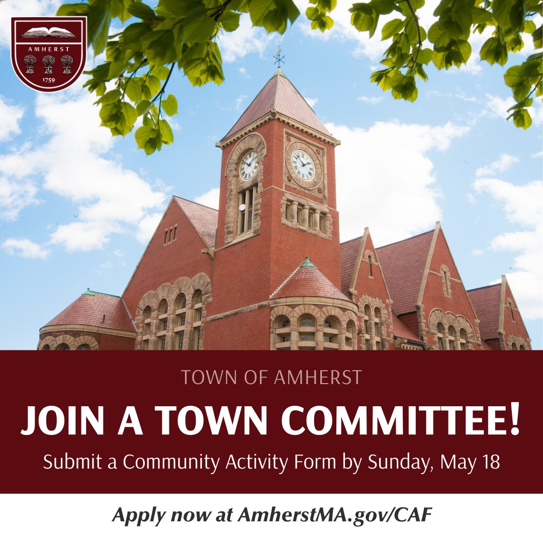 TownOfAmherst's tweet image. Are you passionate about making a difference in our community? Join a town board, committee, or commission! This is your chance to contribute, collaborate, and help shape the future of Amherst. 
𝗔𝗽𝗽𝗹𝘆 𝗯𝘆 𝗦𝘂𝗻𝗱𝗮𝘆, 𝗠𝗮𝘆 𝟭𝟴: amherstma.gov/.../Community-…