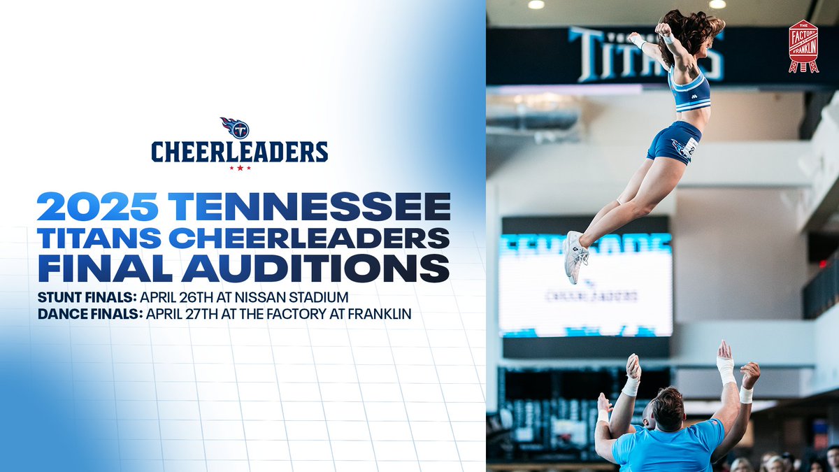 Titans Cheerleaders (@titanscheers) on Twitter photo Join the Tennessee <a href="/Titans/">Tennessee Titans</a> Cheerleaders for 2025 Final Auditions! We are so excited to welcome #Titans fans to cheer on our amazing Finalists!
Click the link below to get your ticket! 🎟️
tennesseetitans.com/cheerleaders/a… Join the Tennessee <a href="/Titans/">Tennessee Titans</a> Cheerleaders for 2025 Final Auditions! We are so excited to welcome #Titans fans to cheer on our amazing Finalists!
Click the link below to get your ticket! 🎟️
tennesseetitans.com/cheerleaders/a…
