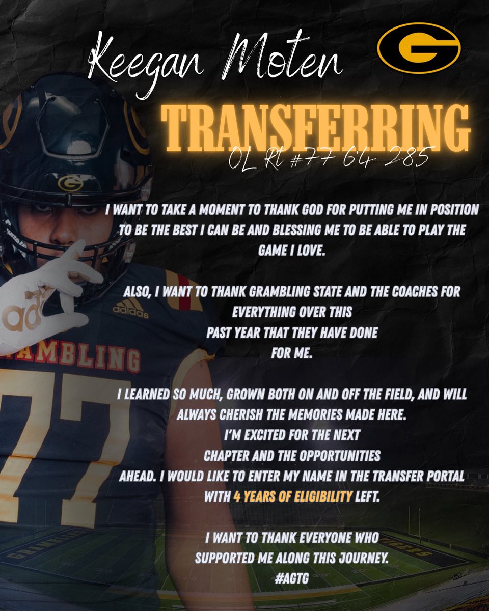 I will be officially entering the transfer portal on April 16th, with 4 years of eligibility remaining. Thank you, Grambling. My DMs are 100% open. 
#AGTG