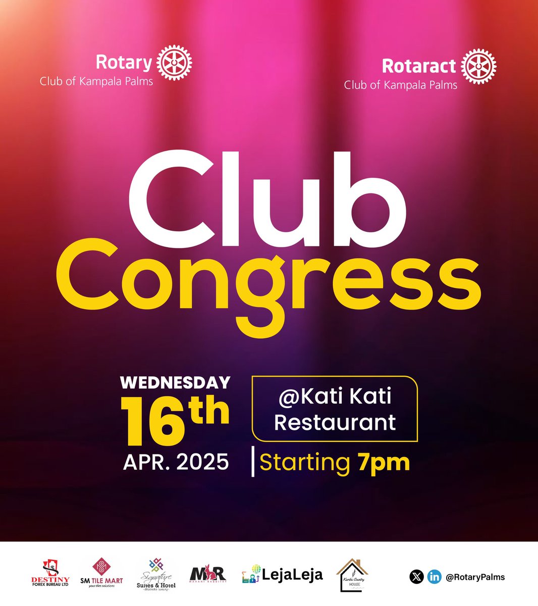 Hello Rotary Family and Friends, you are warmly invited to yet another incredible evening as we discuss our Club’s status and goals in the upcoming Rotary year🙏🏿.       Time : 7pm                                                           Venue: Kati Kati restaurant.