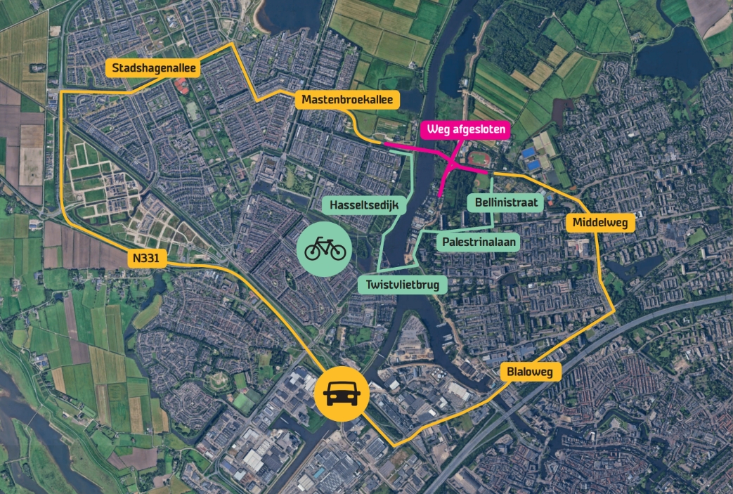 🚧 Van 28 april t/m 2 mei: afsluiting Mastenbroekerbrug &amp; Middelweg! 🚧

De afsluiting is onderdeel van het dijkversterkingsproject Stadsdijken Zwolle.
Omleidingsroutes staan aangegeven in de tweede afbeelding. 

-&gt; wdodelta.nl/mastenbroekerb… #WerkInUitvoering