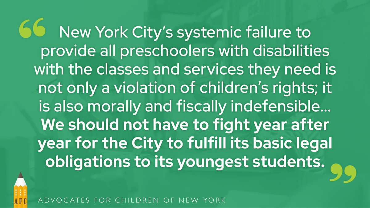 Providing preschoolers with their special education services isn't optional. <a href="/NYCMayor/">Mayor Eric Adams</a>, please extend the $55M for preschool special education classes that's set to expire in June &amp; invest at least $70M for preschool evaluations and services! advocatesforchildren.org/policy-resourc…