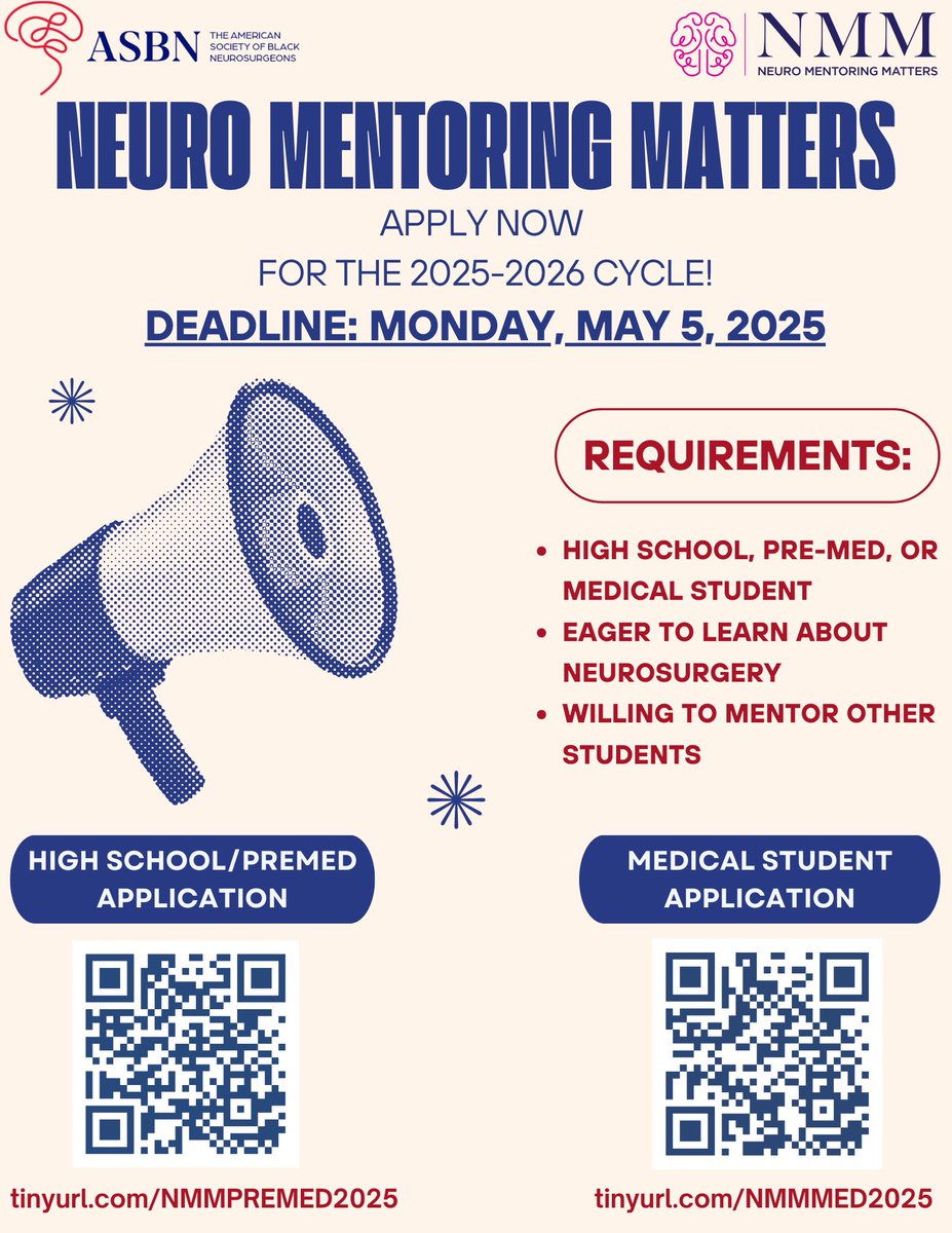 Mareshah Sowah, M.S. (@mareshahsowah) on Twitter photo Applications are now open for <a href="/amsobns/">The American Society of Black Neurosurgeons, Inc.</a> Neuro Mentoring Matters 2025-2026 cohort! NMM pairs students interested in Neurosurgery with resident and attending neurosurgeons who provide guidance, insight, and support through their education and career. Deadline to apply is May 5th!๐ง Applications are now open for <a href="/amsobns/">The American Society of Black Neurosurgeons, Inc.</a> Neuro Mentoring Matters 2025-2026 cohort! NMM pairs students interested in Neurosurgery with resident and attending neurosurgeons who provide guidance, insight, and support through their education and career. Deadline to apply is May 5th!๐ง