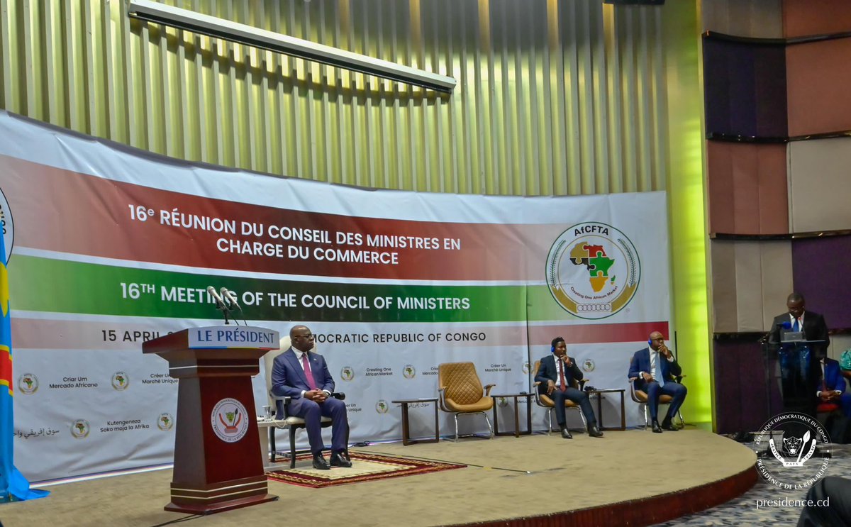 Ce mardi 15 avril 2025 au Fleuve Congo hôtel, à Kinshasa, le Chef de l’État Félix Tshisekedi a présidé la cérémonie d’ouverture de la 16ème réunion du Conseil des ministres en charge du Commerce de  la Zone de Libre Échange Continental Africaine (ZLECAF).

À cette occasion, le